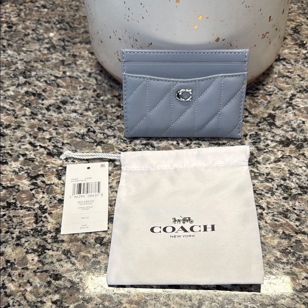 Coach Quilted Card Holder in Gray Blue